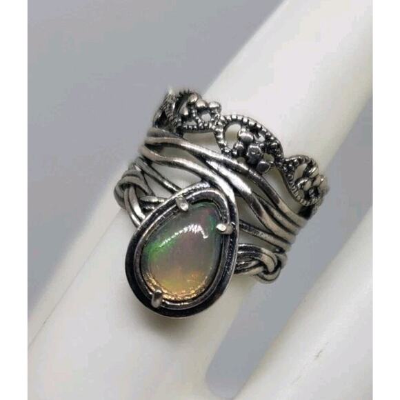 925 Sterling Silver Ring Opal Pear Shaped Gemstone Israel Wide Chunky Sz. 7.25 - Picture 1 of 11